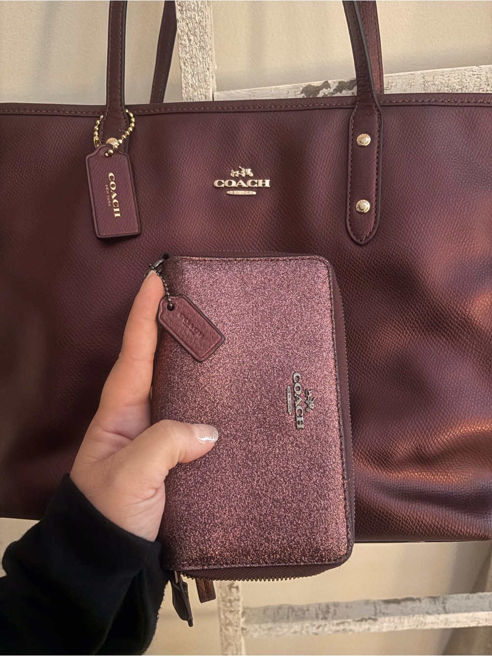 COACH Women's Burgundy Tote and Glitter Wallet Set